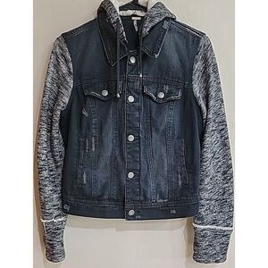 Free People Womens Black Jean Jacket Distressed Removable Hood Knit Sleeves Sz S
